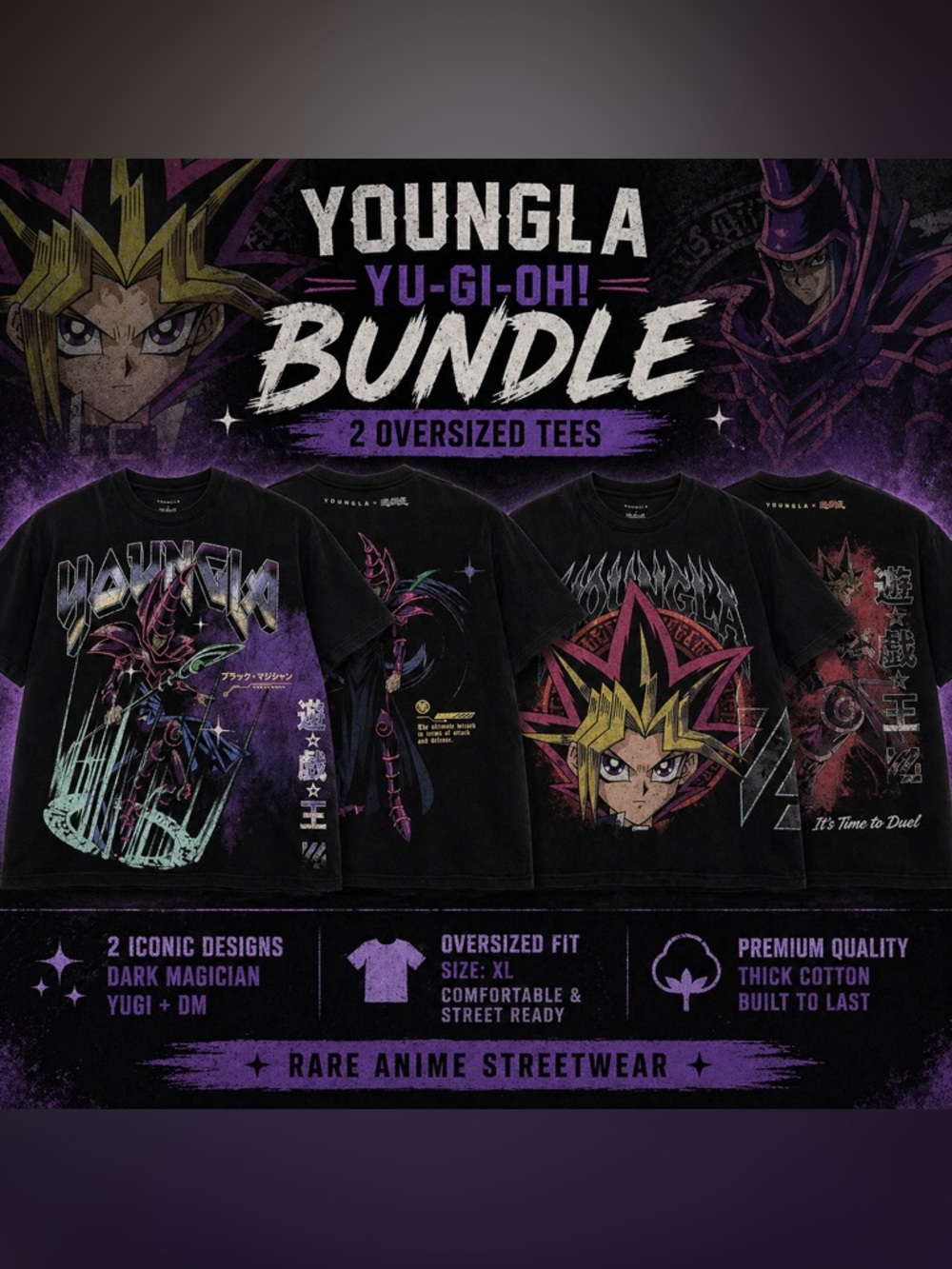 YOUNGLA x Yu-Gi-Oh! Oversized Tee Bundle XL – Dark Magician & Yugi Anime Boxy